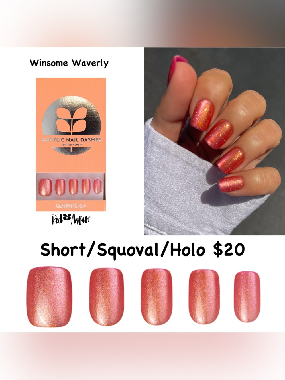 Winsome Waverly Short Squoval Holo Press-On Nails in Coral Pink